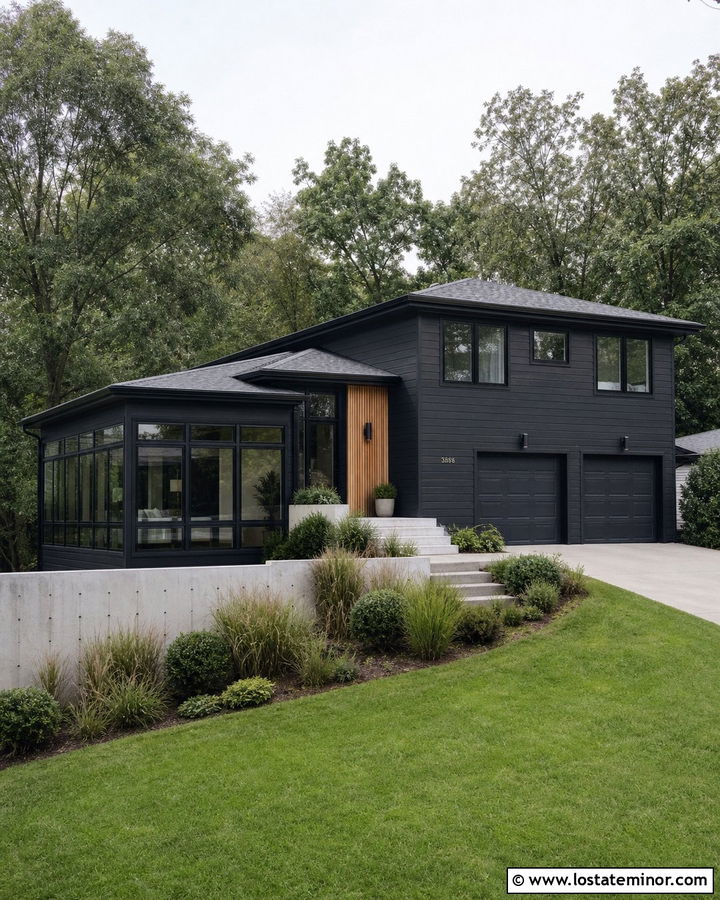 Jet Black Split Level House With Corner Sunroom - 30 Jet Black House Design With Sunroom Ideas