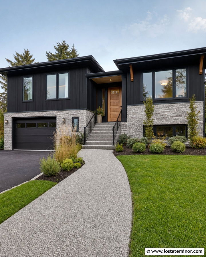 Jet Black Split Level House With Exposed Aggregate Walkway - 30 Jet Black House Design With Walkway Ideas