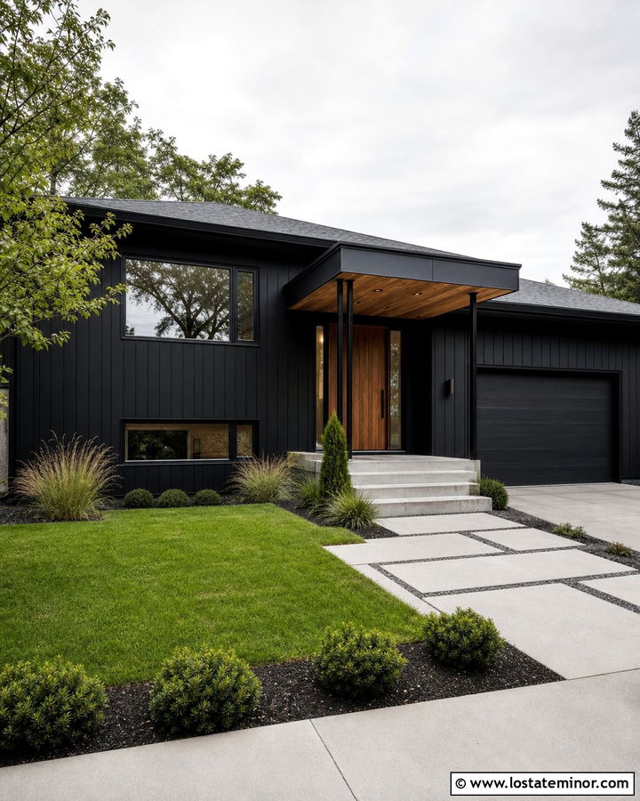 Jet Black Split Level House With Flat Portico - 30 Jet Black House Design With Portico Ideas