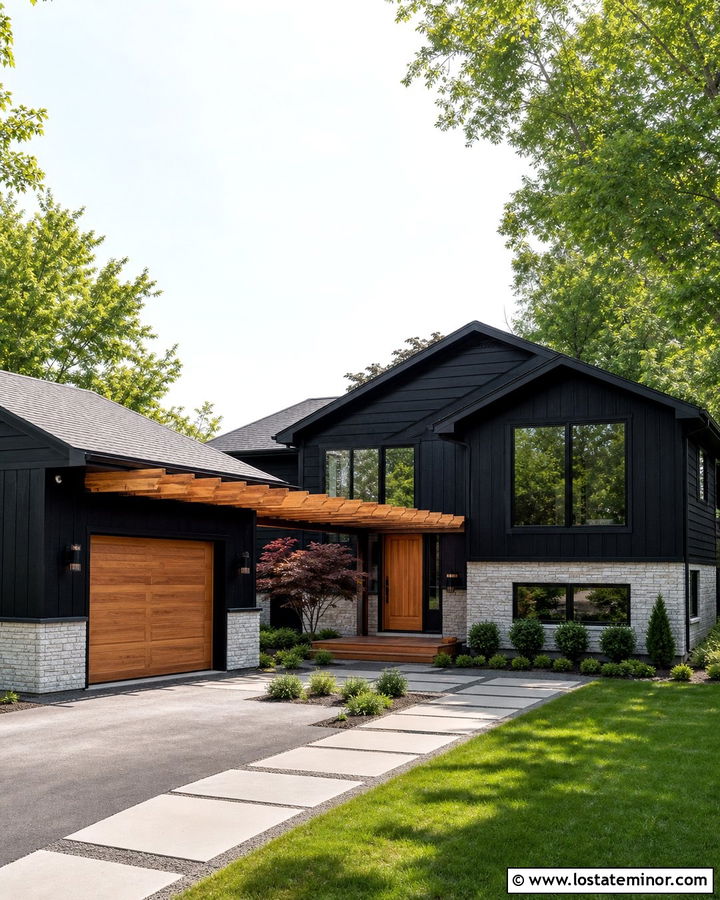 Jet Black Split Level House With Garage Pergola - 30 Jet Black House Design With Pergola Ideas