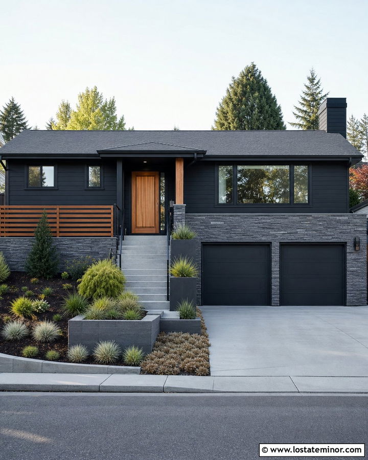 Jet Black Split Level House With Ledgestone Wainscoting - 30 Jet Black House Design With Wainscoting Ideas