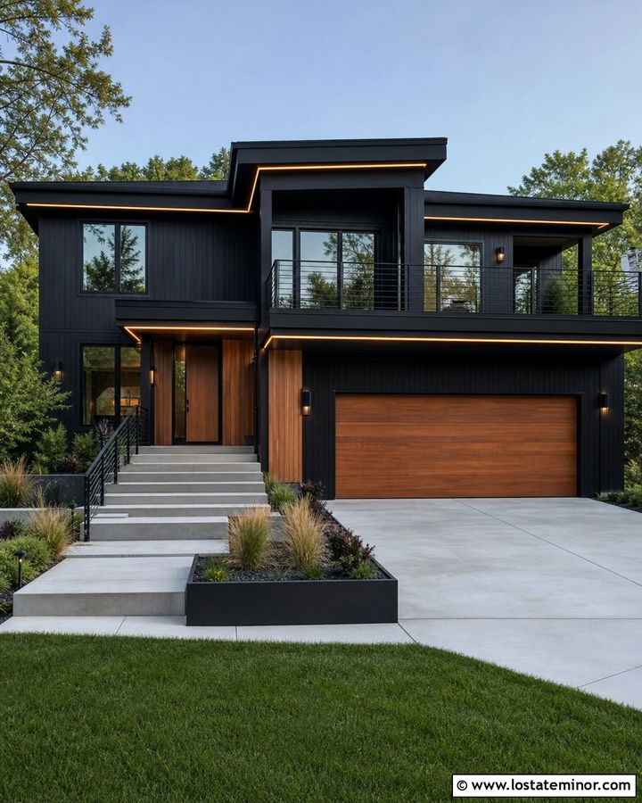 Jet Black Split Level House With Linear LED Lights - 30 Jet Black House Design With Light Fixtures Ideas