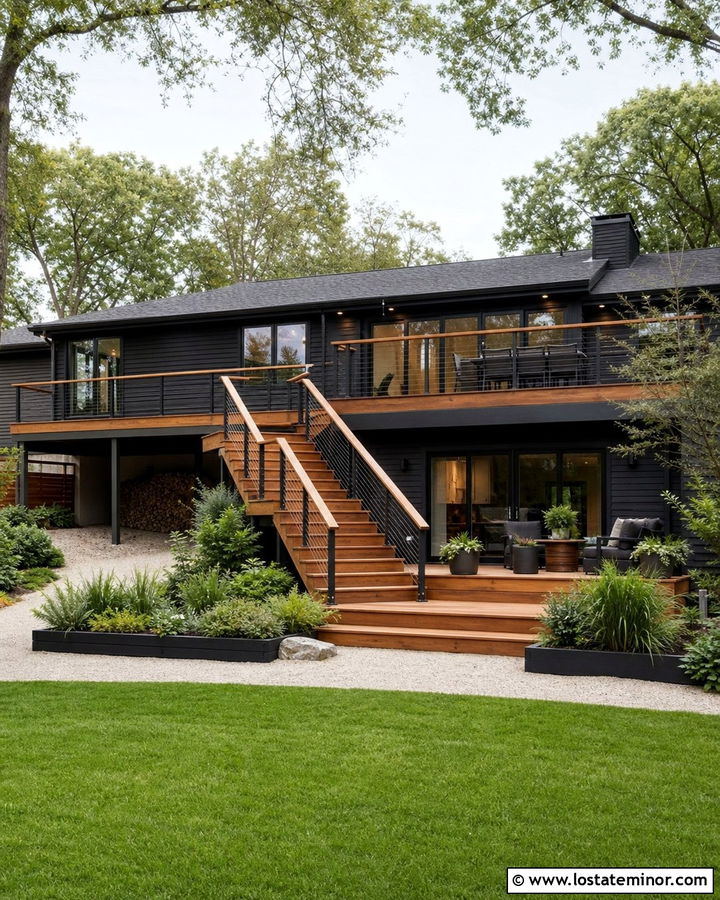 Jet Black Split Level House With Multilevel Deck - 30 Jet Black House Design With Backyard Ideas