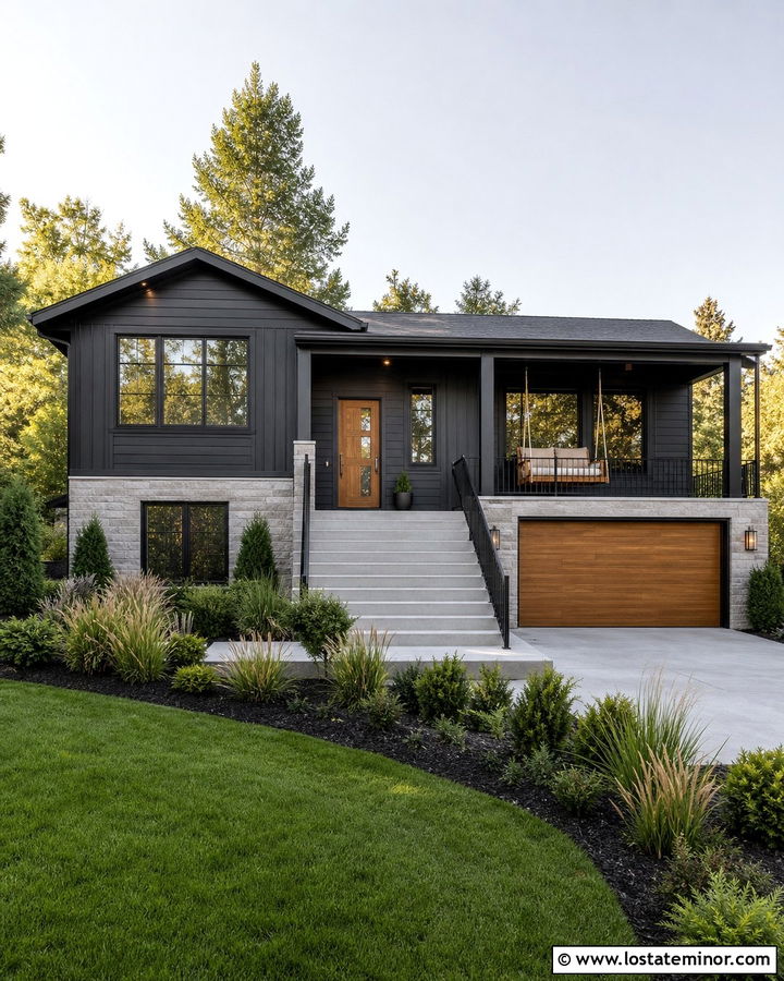 Jet Black Split Level House With Platform Swing - 30 Jet Black House Design With Swing Ideas