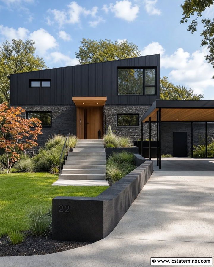 Jet Black Split Level House With Side Carport - 30 Jet Black House Design With Carport Ideas