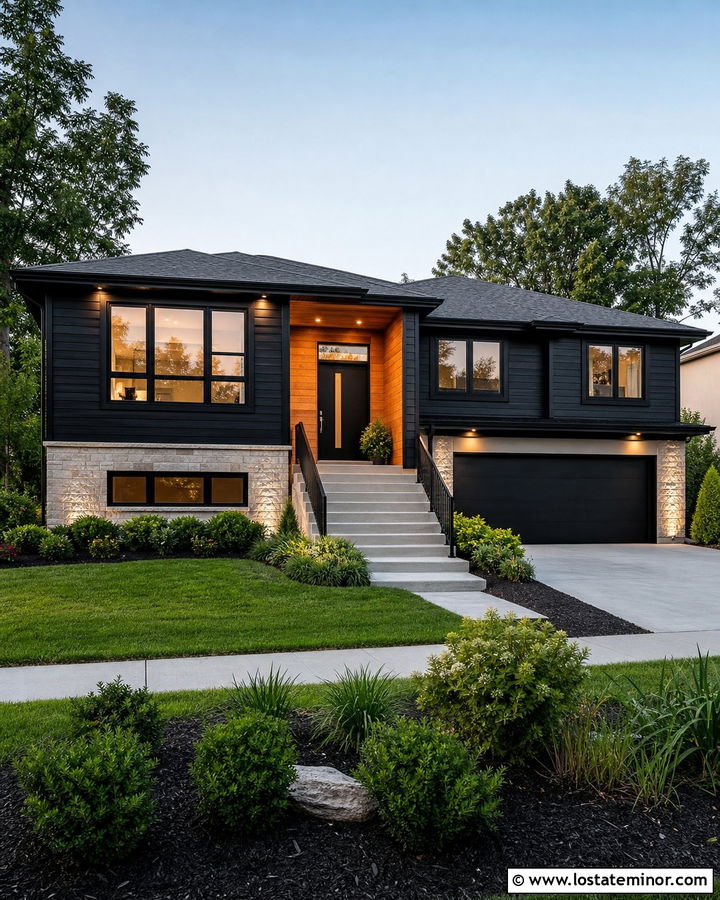 Jet Black Split Level House With Soffit Lights - 30 Jet Black House Design With Lighting Ideas