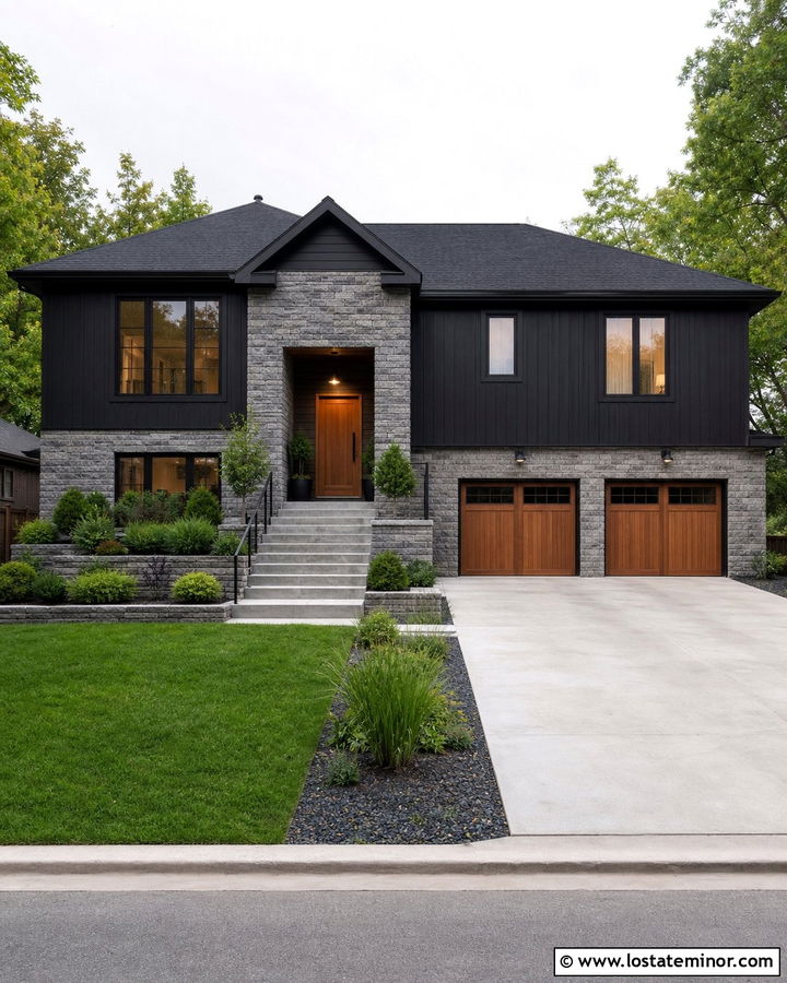 Jet Black Split Level House With Stone Lower Level - 30 Jet Black House Design With Stone Accents Ideas