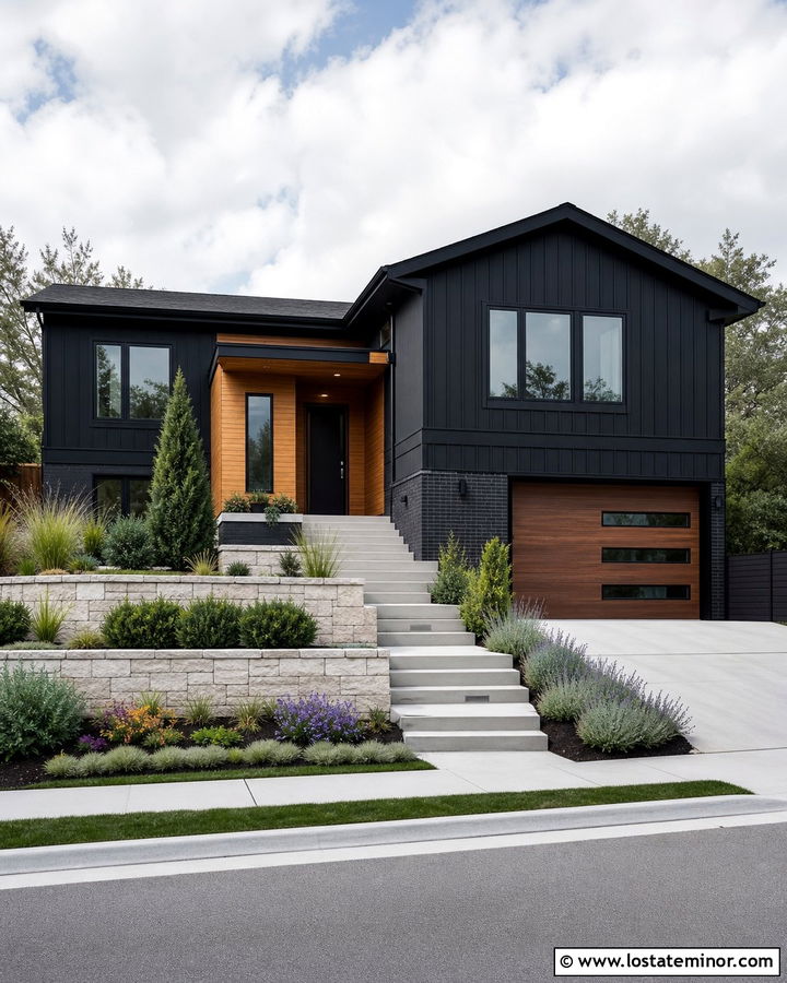 Jet Black Split Level House With Terraced Front Yard - 30 Jet Black House Design With Front Yard Ideas