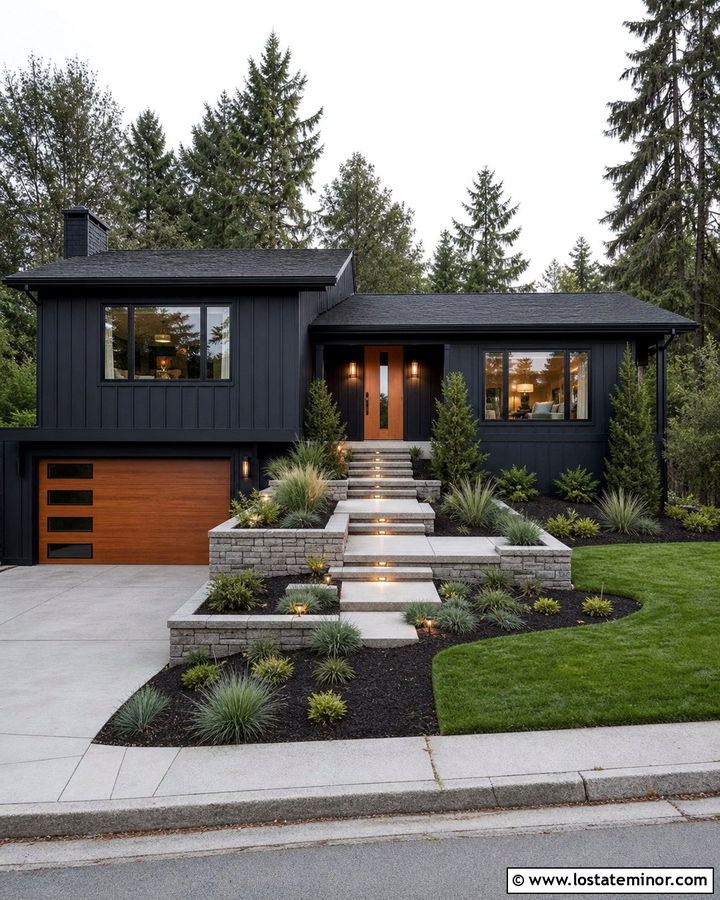 Jet Black Split Level House With Terraced Steps - 30 Jet Black House Design With Steps Ideas