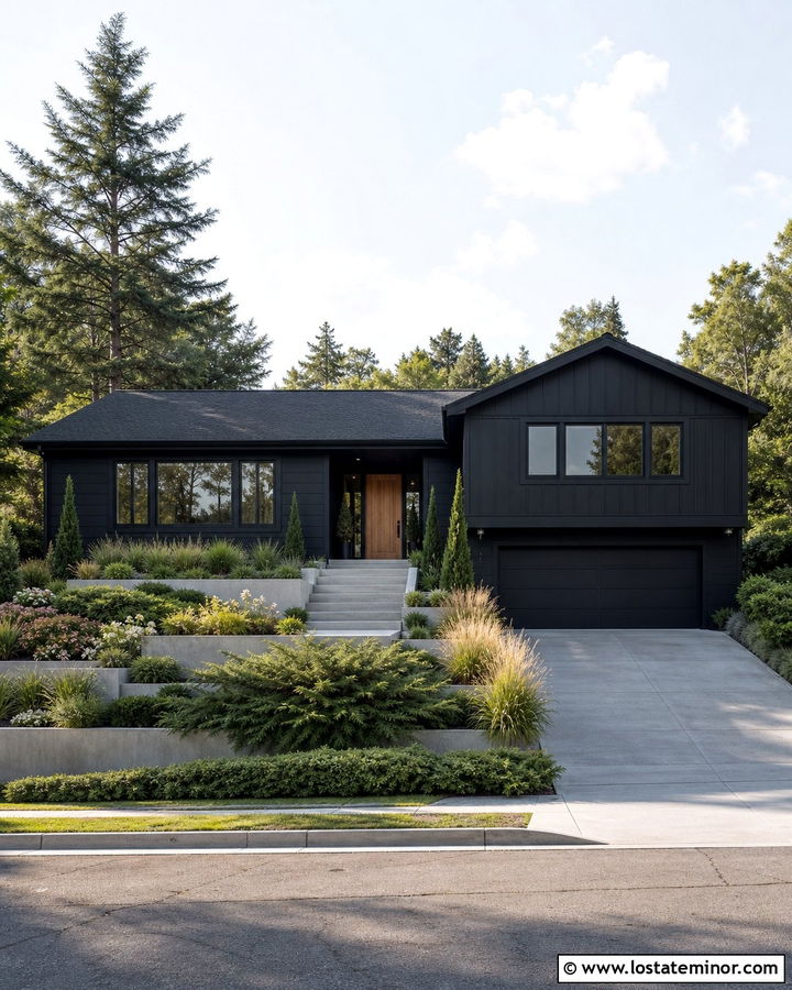 Jet Black Split Level House With Tiered Landscaping - 30 Jet Black House Design With Landscaping Ideas