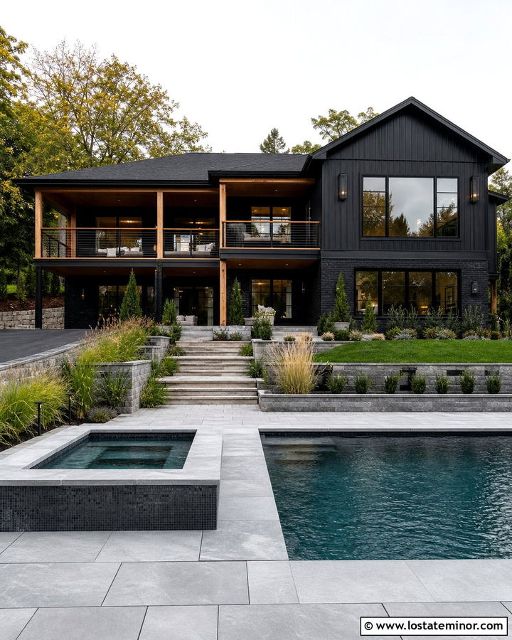 Jet Black Split Level House With Tiered Pool - 30 Jet Black House Design With Swimming Pool Ideas