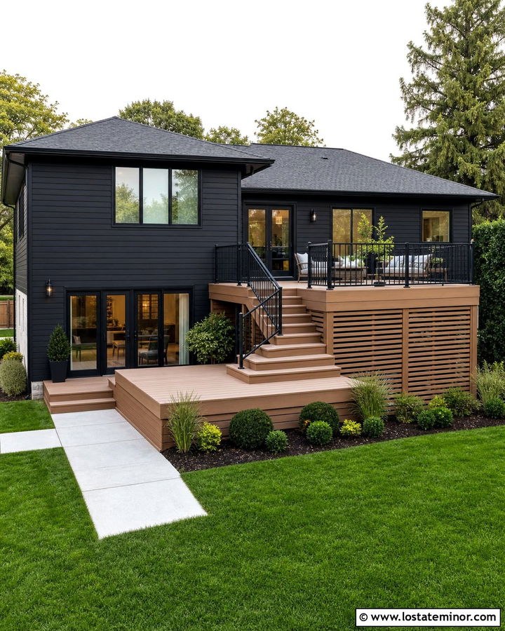 Jet Black Split Level House With Two Tier Deck - 30 Jet Black House Design With Deck Ideas