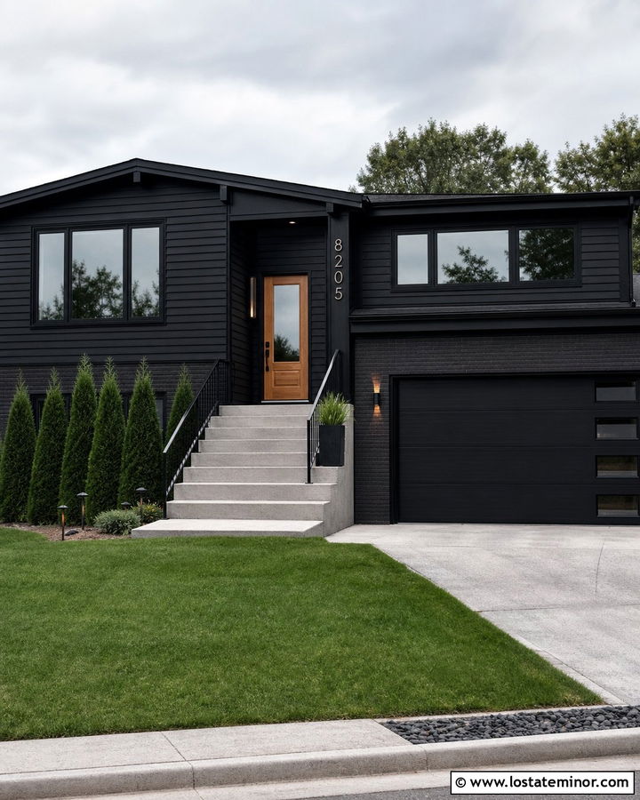 Jet Black Split Level House With Vertical Numbers - 30 Jet Black House Design With House Numbers Ideas