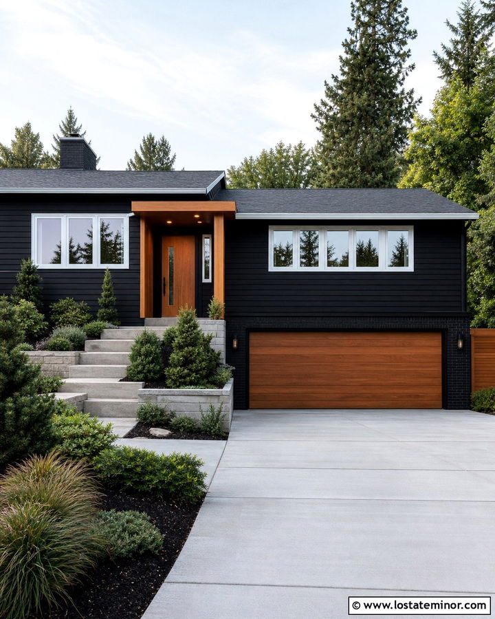 Jet Black Split Level House With White Window Frames - 30 Jet Black House Design With Window Frames Ideas