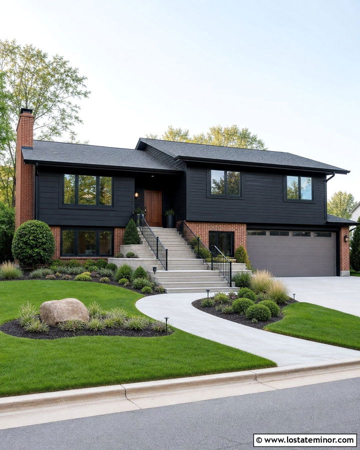 Jet Black Split Level Siding With Brick Accents - 30 Jet Black House Design With Siding Ideas