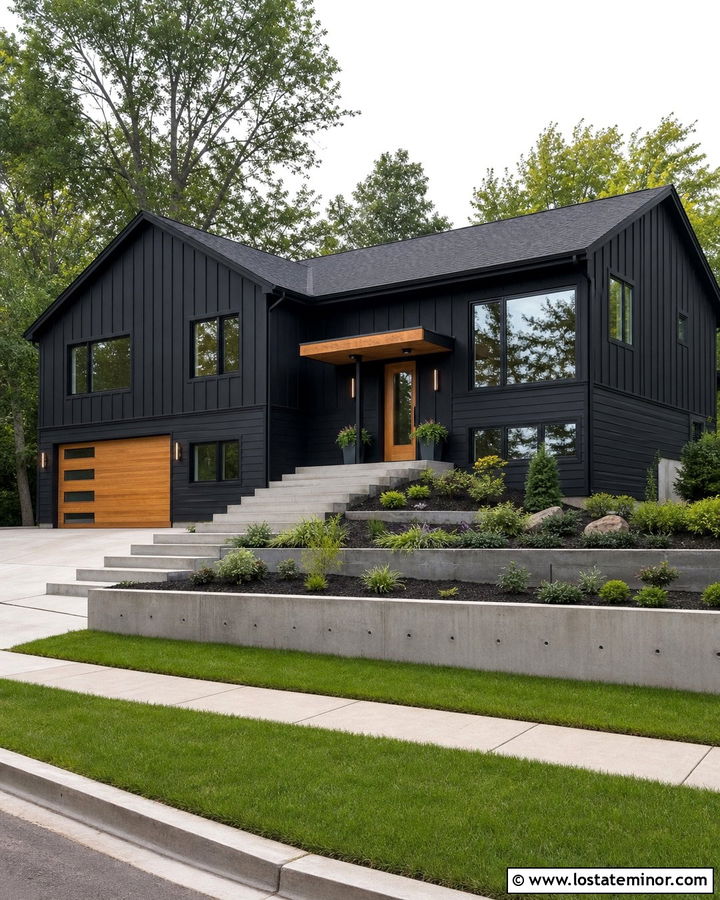 Jet Black Split Level With Cedar Garage - 30 Jet Black House Design With Board and Batten Ideas