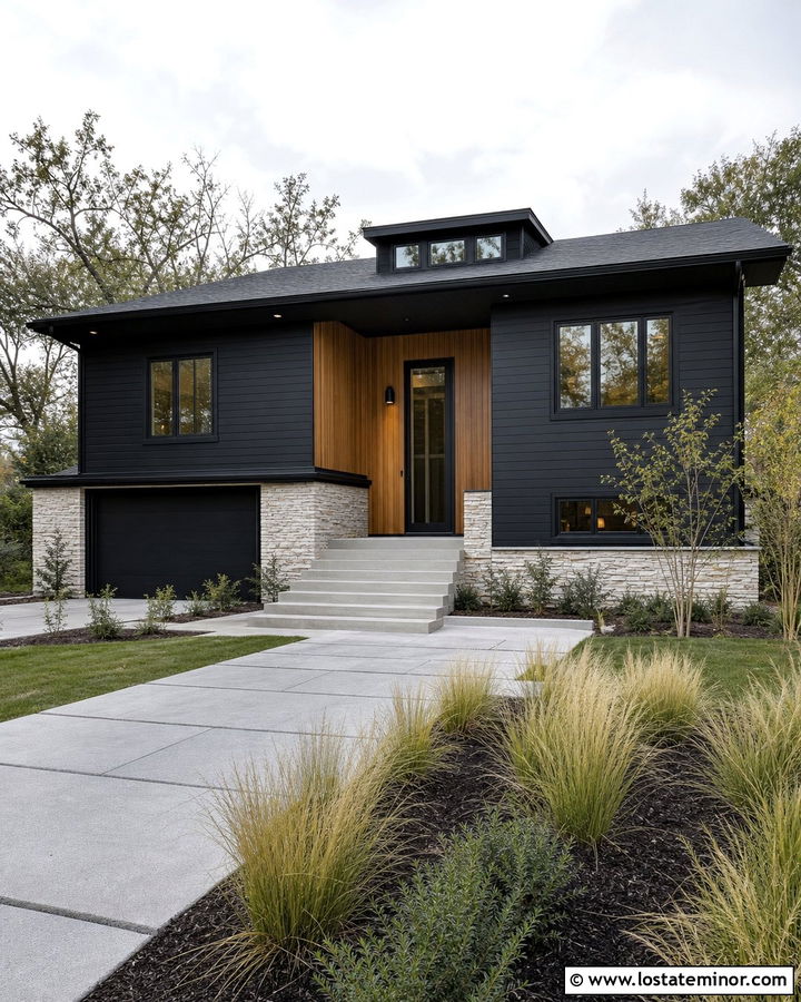 Jet Black Split Level With Modern Dormer - 30 Jet Black House Design With Dormers Ideas