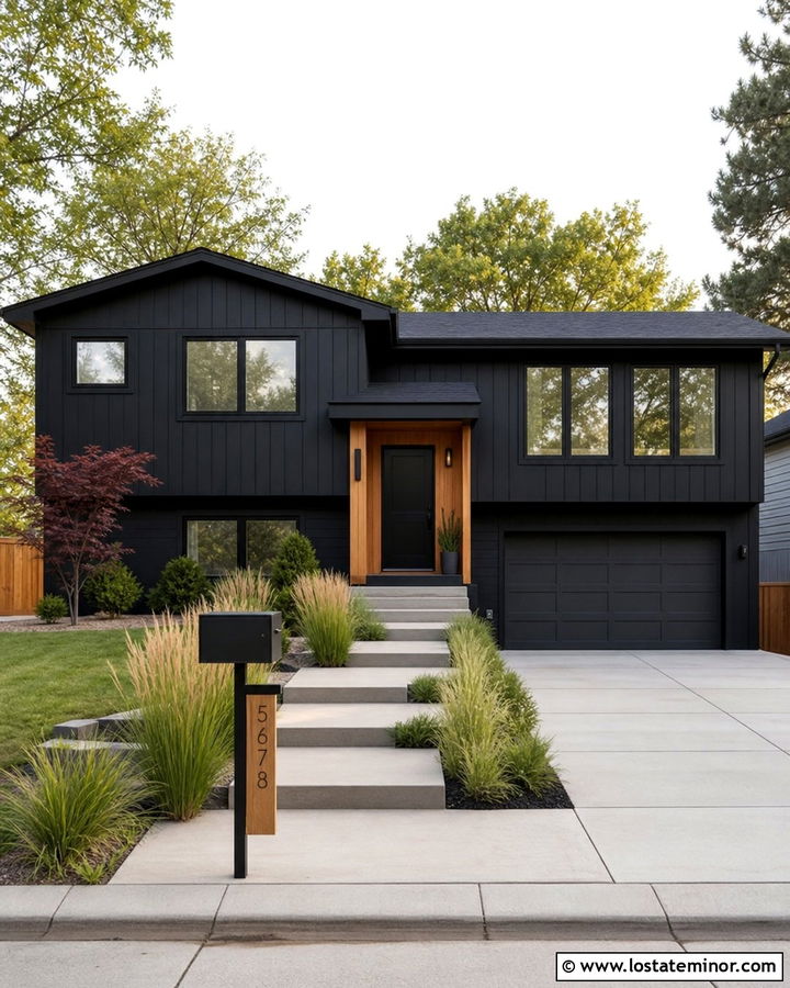Jet Black Split Level With Modern Mailbox Post - 30 Jet Black House Design With Mailbox Ideas
