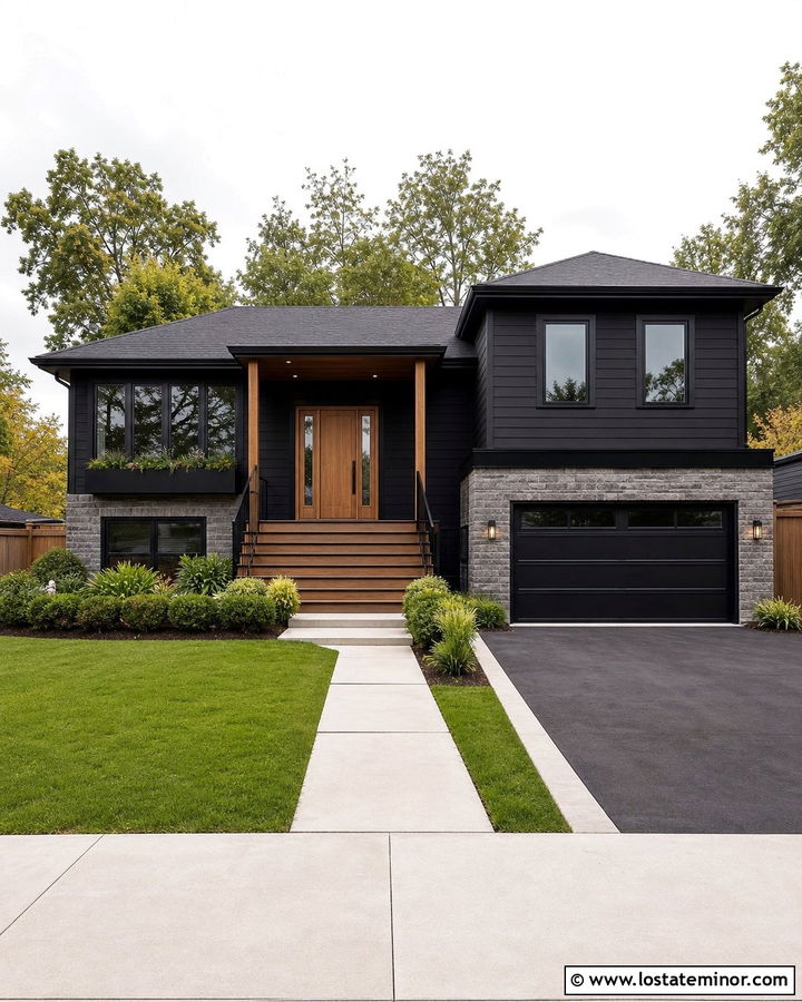 Jet Black Split Level With Raised Porch - 30 Jet Black House Design With Front Porch Ideas
