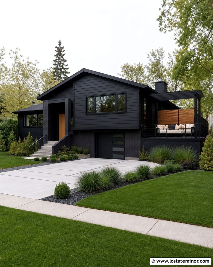 Jet Black Split Level With Side Deck Daybed - 30 Jet Black House Design With Daybed Ideas