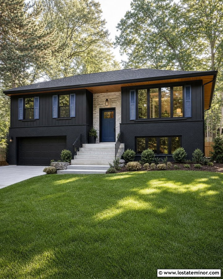Jet Black Split Level With Slate Blue Shutters - 30 Jet Black House Design With Shutters Ideas
