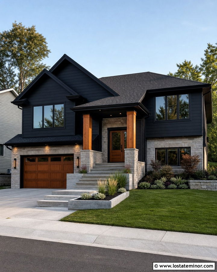 Jet Black Split Level With Stone And Wood Porch Columns - 30 Jet Black House Design With Porch Columns Ideas
