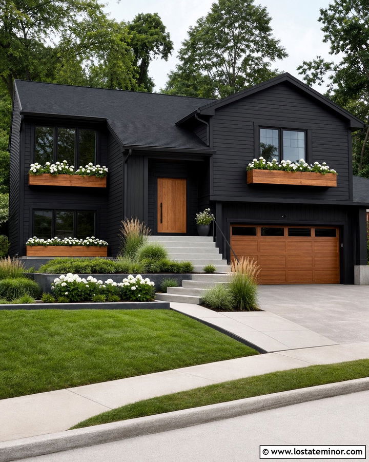Jet Black Split Level With Wood Window Boxes - 30 Jet Black House Design With Window Boxes Ideas