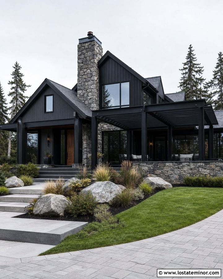 Jet Black Stone House With Black Pergola - 30 Jet Black House Design With Pergola Ideas