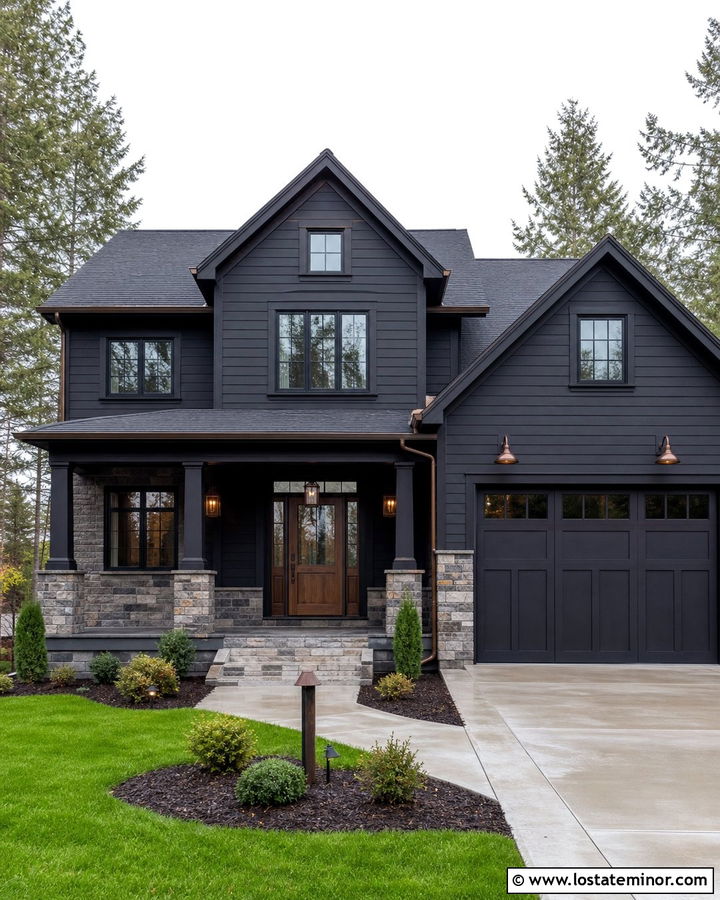 Jet Black Stone House With Bronze Storm Door - 30 Jet Black House Design With Storm Door Ideas