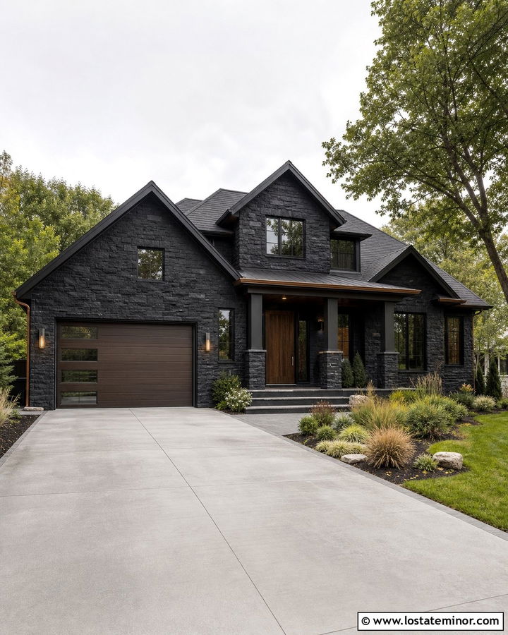 Jet Black Stone House With Dark Bronze Garage Door - 30 Jet Black House Design With Garage Door Ideas