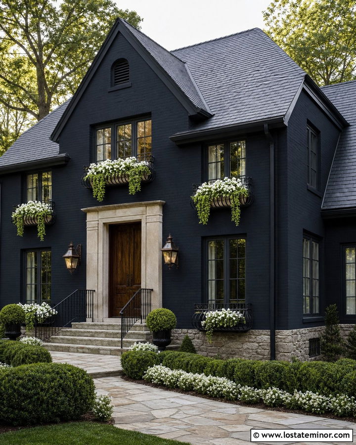Jet Black Stone House With Iron Window Boxes - 30 Jet Black House Design With Window Boxes Ideas