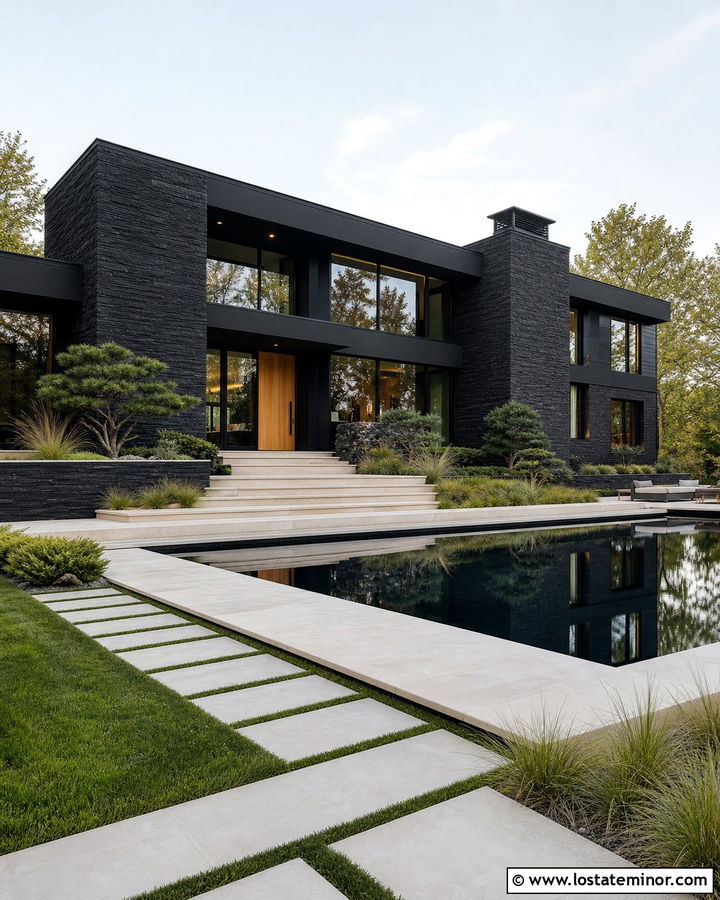 Jet Black Stone House With Reflecting Pool - 30 Jet Black House Design With Swimming Pool Ideas