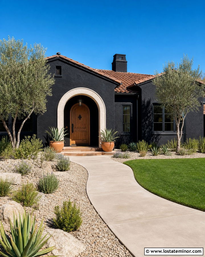 Jet Black Stucco House With Arched Porch - 30 Jet Black House Design With Front Porch Ideas