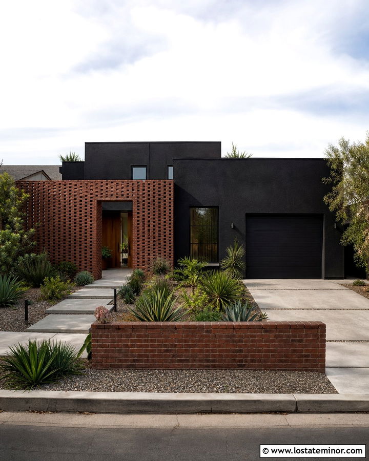 Jet Black Stucco House With Brick Screen - 30 Jet Black House Design With Brick Accents Ideas