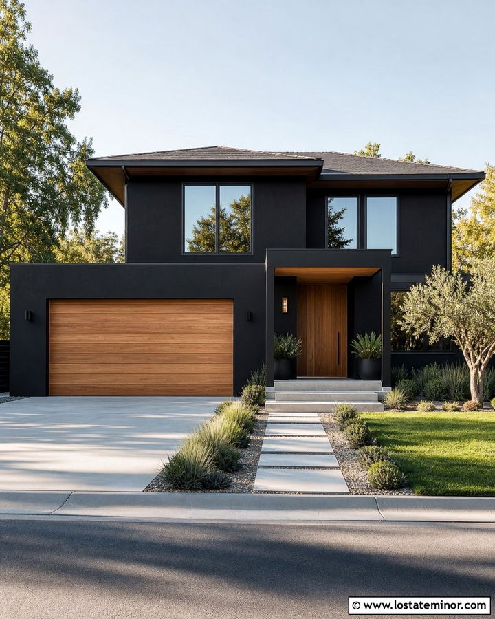 Jet Black Stucco House With Cedar Garage Door - 30 Jet Black House Design With Garage Door Ideas