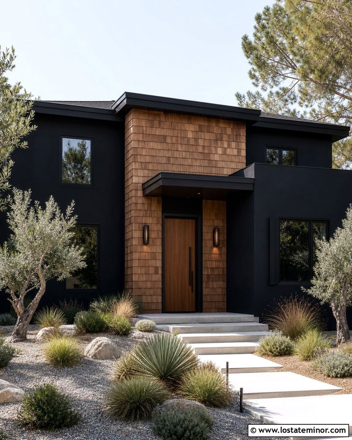 Jet Black Stucco House With Cedar Shake Accent Wall - 30 Jet Black House Design With Cedar Shake Ideas