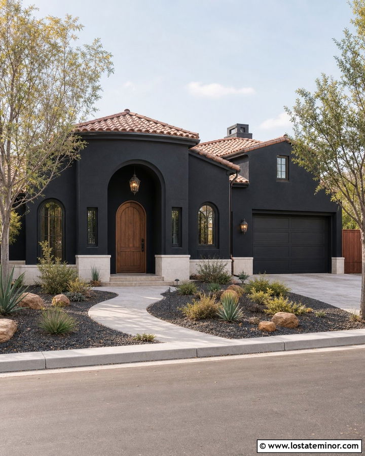 Jet Black Stucco House With Curved Portico - 30 Jet Black House Design With Portico Ideas