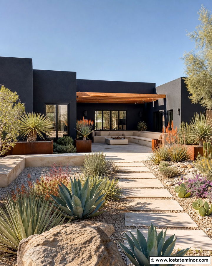 Jet Black Stucco House With Desert Patio - 30 Jet Black House Design With Backyard Ideas