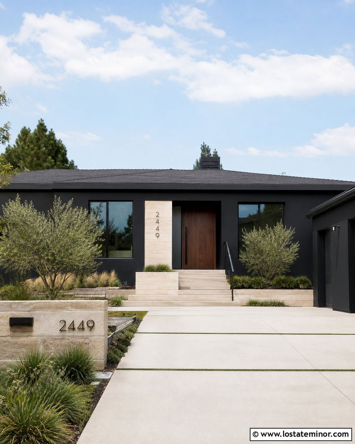 Jet Black Stucco House With Limestone Number Panel - 30 Jet Black House Design With House Numbers Ideas