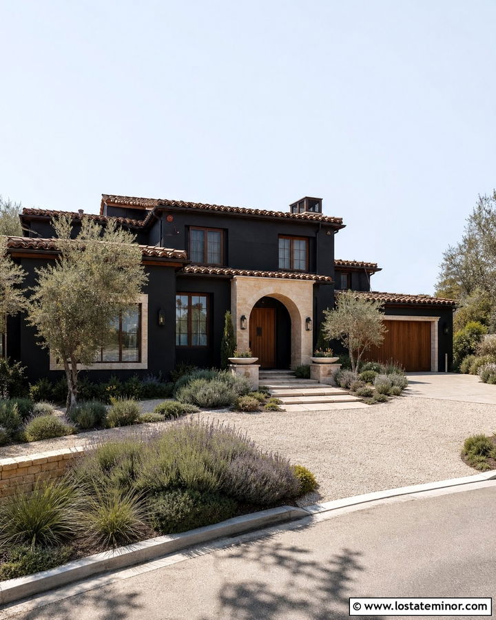 Jet Black Stucco House With Mediterranean Front Yard - 30 Jet Black House Design With Front Yard Ideas