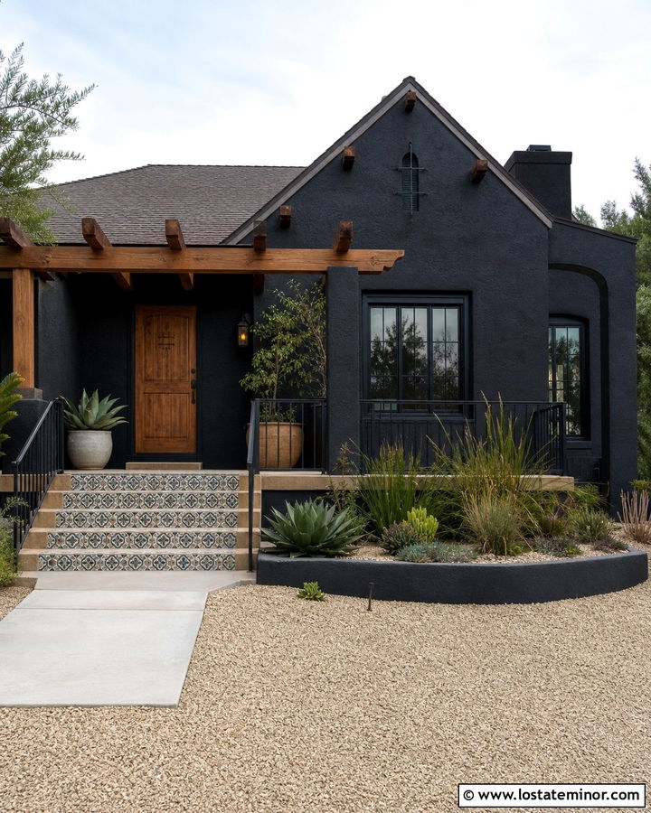 Jet Black Stucco House With Patterned Tile Steps - 30 Jet Black House Design With Steps Ideas