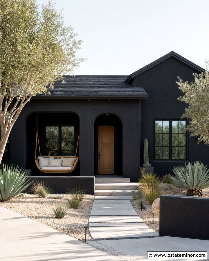 Jet Black Stucco House With Rattan Swing - 30 Jet Black House Design With Swing Ideas