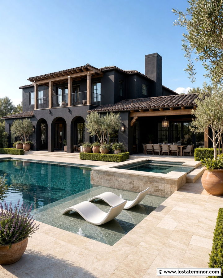 Jet Black Stucco House With Resort Pool - 30 Jet Black House Design With Swimming Pool Ideas