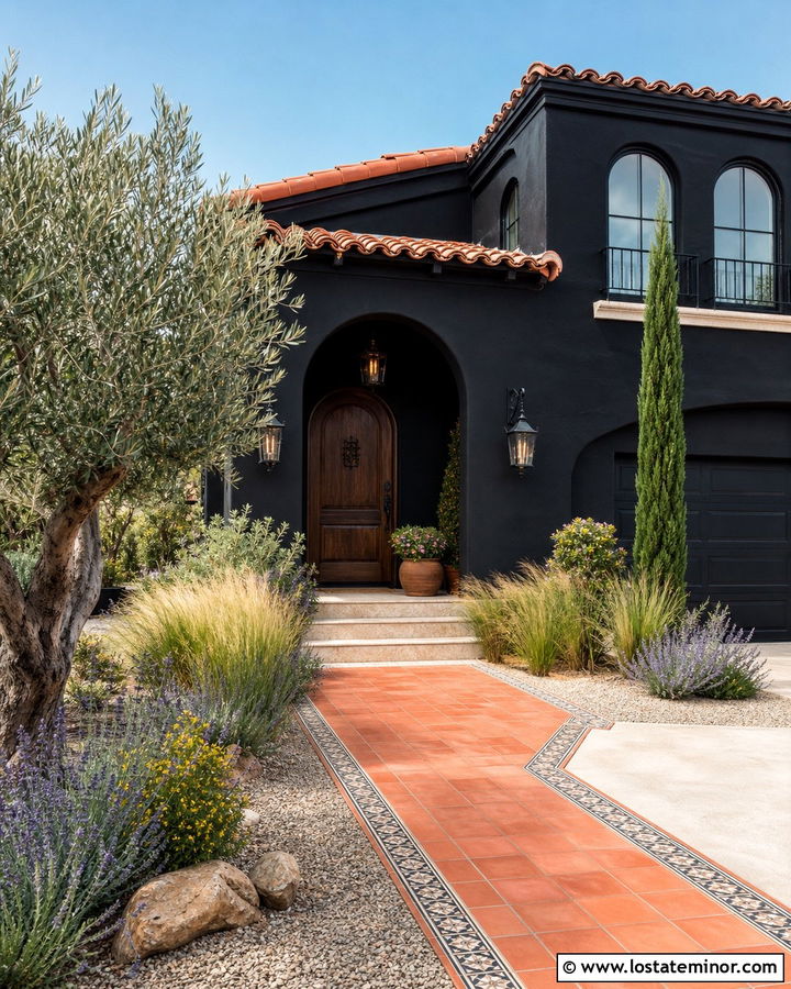 Jet Black Stucco House With Terracotta Tile Walkway - 30 Jet Black House Design With Walkway Ideas