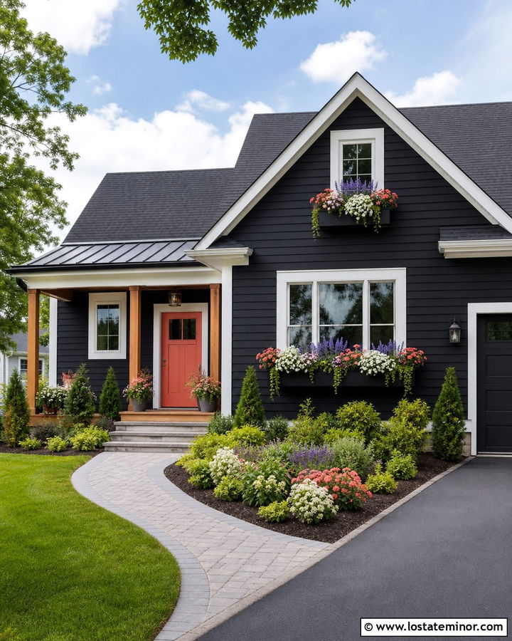 Jet Black Suburban House With Colorful Window Boxes - 30 Jet Black House Design With Window Boxes Ideas