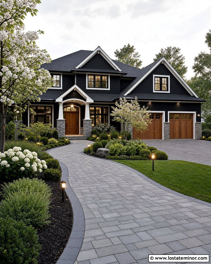 Jet Black Suburban House With Permeable Paver Walkway - 30 Jet Black House Design With Walkway Ideas