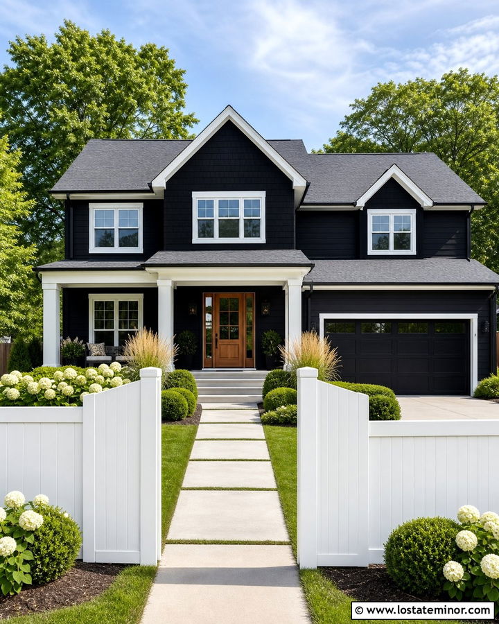 Jet Black Suburban House With White Privacy Fence - 30 Jet Black House Design With Fence Ideas