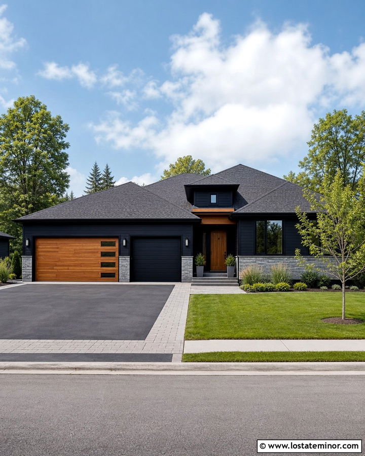 Jet Black Three Car House With Wood And Black Garage Doors - 30 Jet Black House Design With Garage Door Ideas