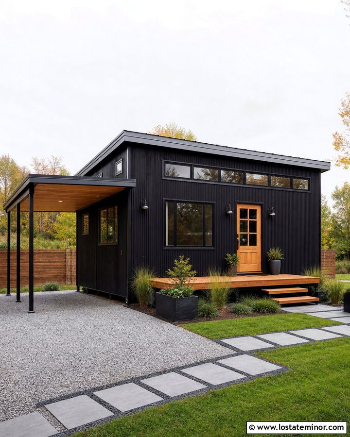 Jet Black Tiny House With Compact Carport - 30 Jet Black House Design With Carport Ideas