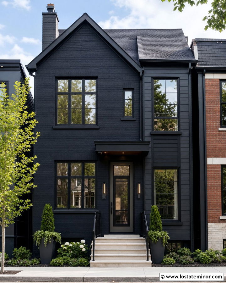 Jet Black Townhouse With Black Mid View Storm Door - 30 Jet Black House Design With Storm Door Ideas